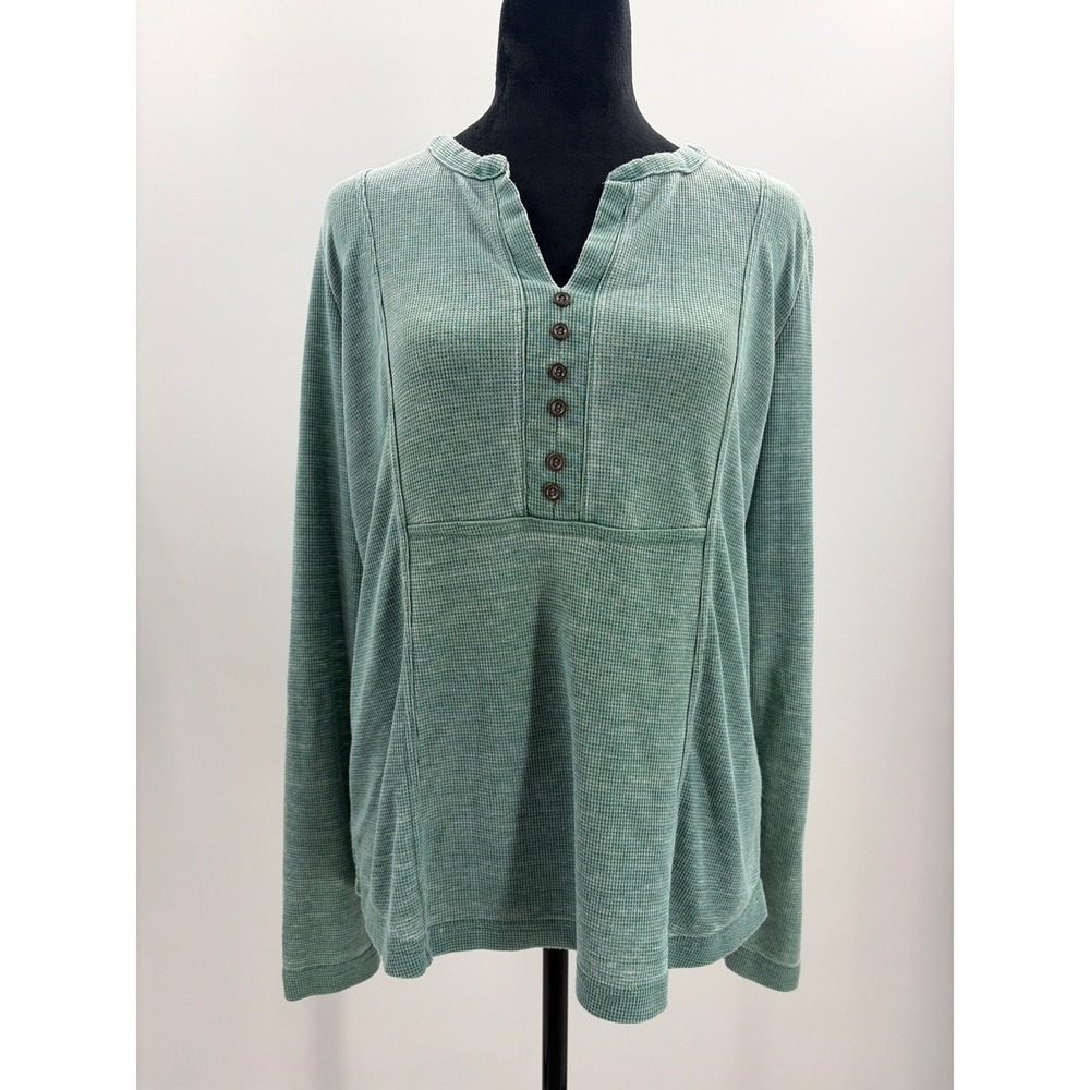 Jane + Delancey Womens Sage Green Waffle Knit Henley Roll Tab Sleeve Top Small